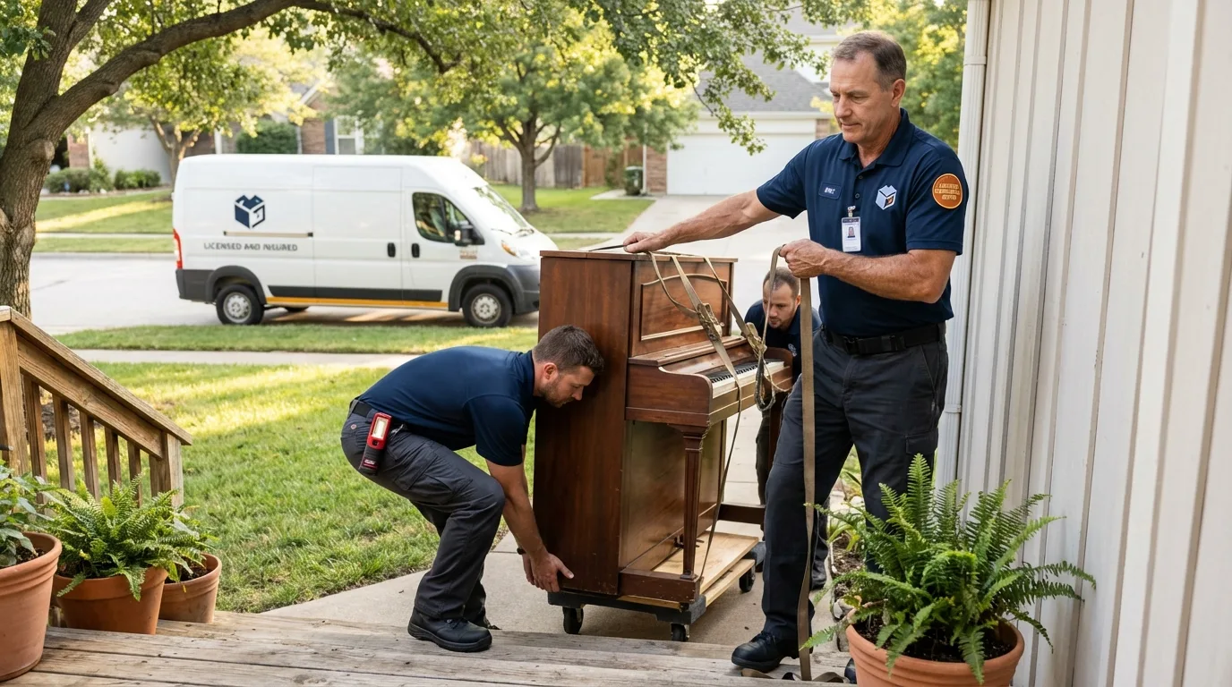 Licensed piano movers securing grand piano in West Chicago, IL
