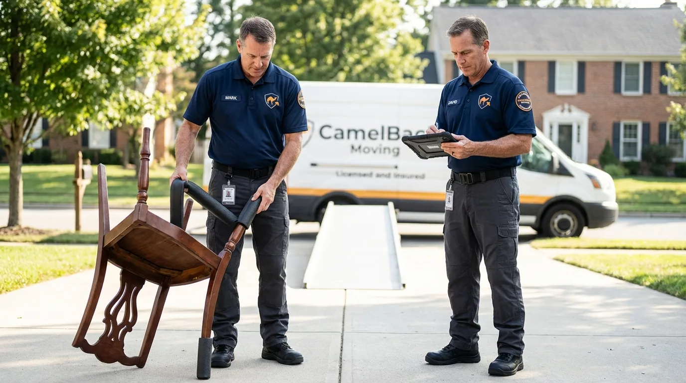 Movers inspecting furniture for damage prevention before loading in West Chicago, IL