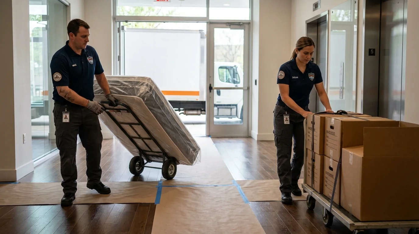 Professional apartment movers loading elevator in West Chicago, IL