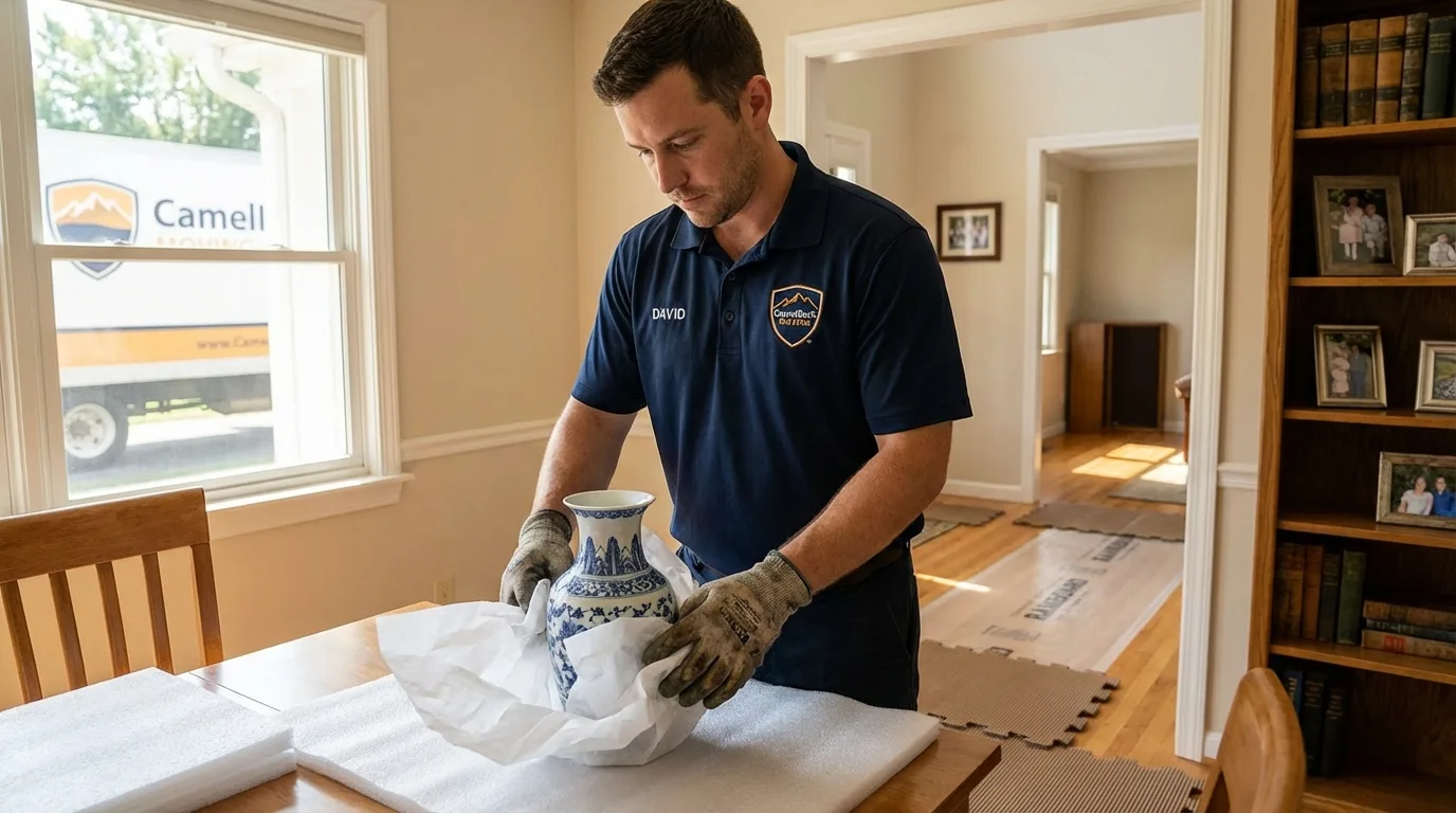 Professional crew carefully wrapping antique vase for senior downsizing move in West Chicago, IL